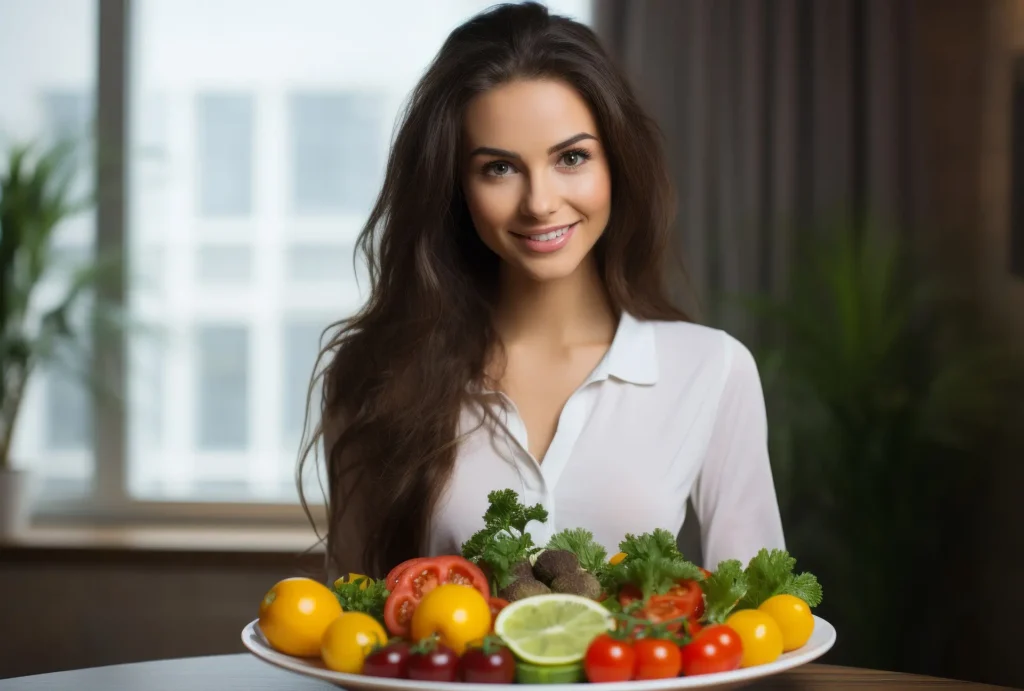 Dieta Consciente: La Clave para una Vida Saludable y Feliz según la OMS Mujer joven con acmisa blanca sosteniendo una bandeja de frutas y verduras