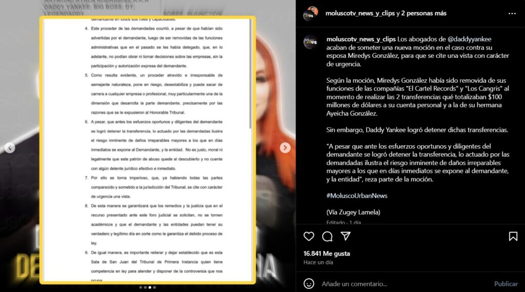 La millonaria transferencia que intentó hacer Mireddys González desde cuentas de Daddy Yankee