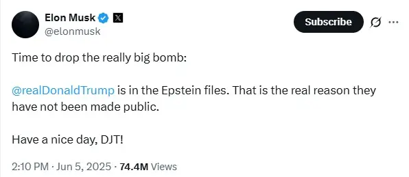 Elon Musk acusa a Donald Trump de estar en los papeles de Jeffrey Epstein