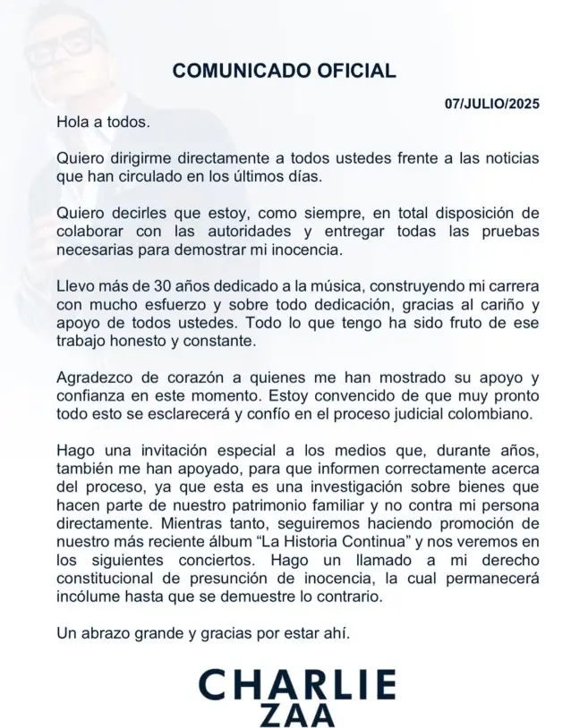 Justicia colombiana señala al cantante Charlie Zaa de nexos con grupos armados
