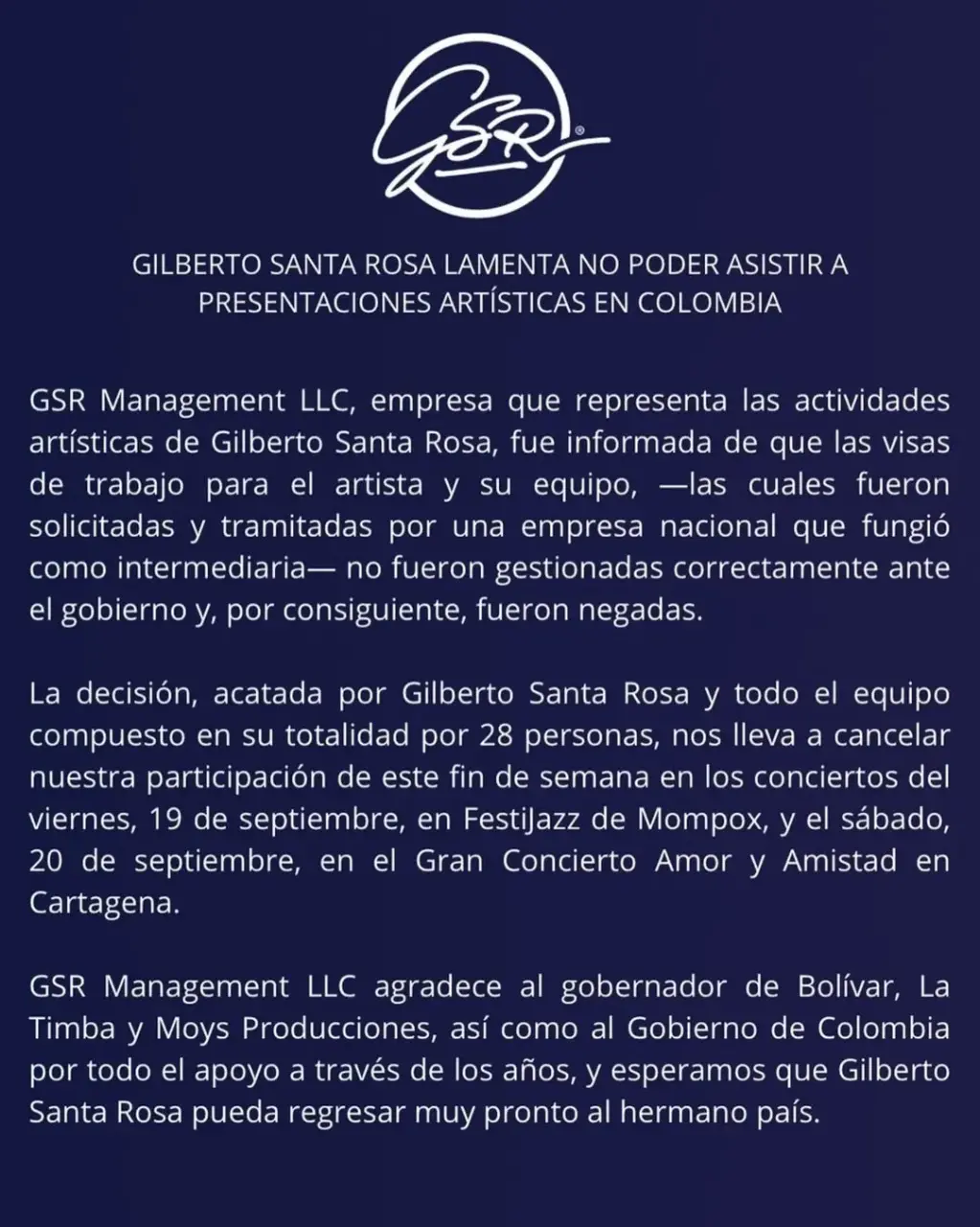 Gilberto Santa Rosa cancela gira en Colombia por falta de visa de trabajo 1 Gilberto Santa Rosa cancela gira en Colombia por falta de visa de trabajo