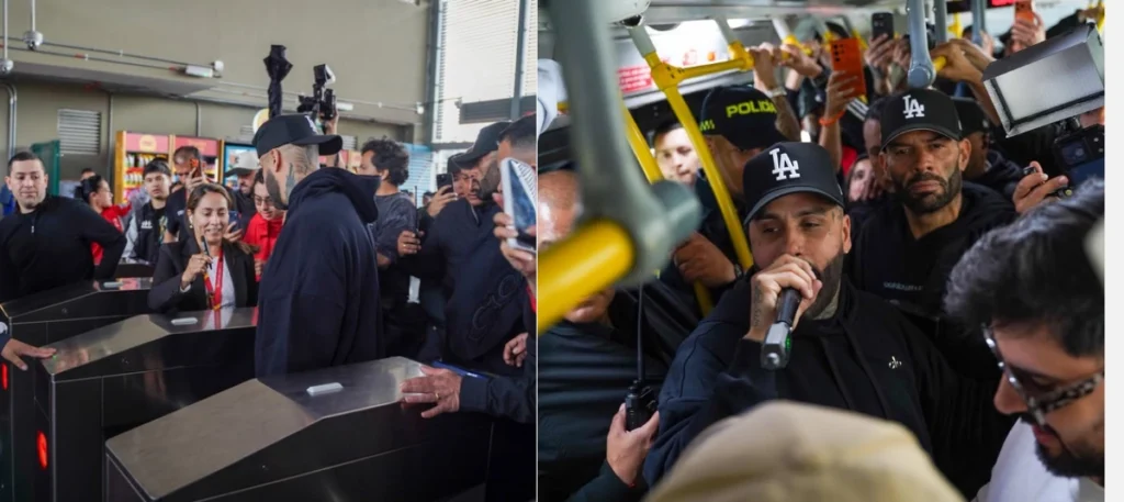 Nicky Jam sorprendió a los pasajeros de TransMilenio al recorrer el sistema y cantar en medio de un trayecto cotidiano en Bogotá. Foto: Redes sociales / El Tiempo.
