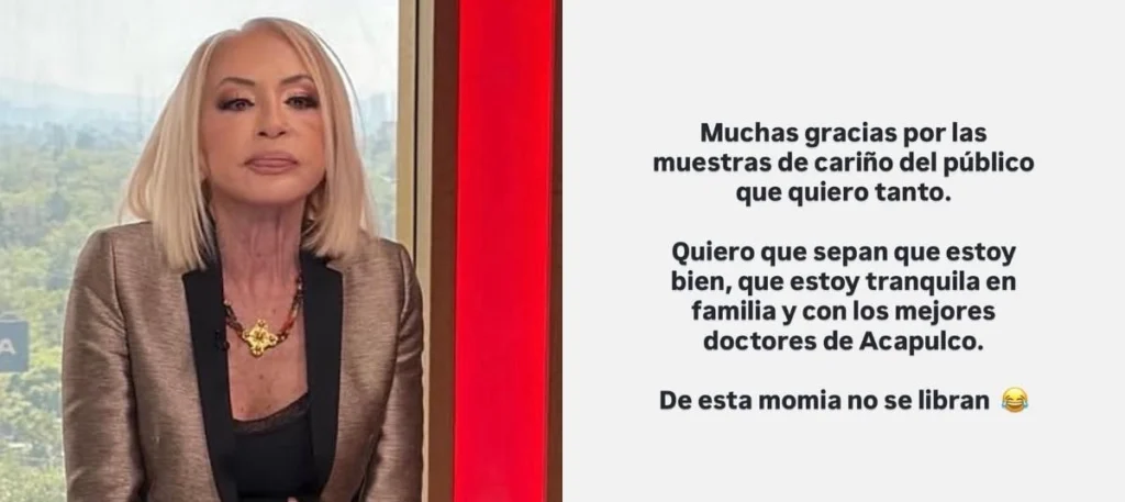 Laura Bozzo reapareció en redes sociales tras su cirugía de emergencia en Acapulco y aseguró a sus seguidores que se encontraba bien. Foto: Vía El Tiempo.